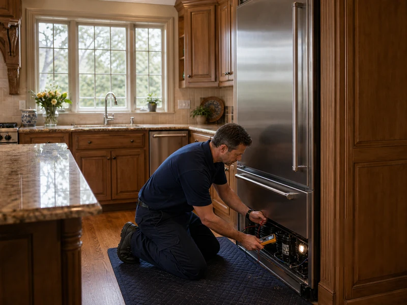 Technician servicing a Classic BI built-in refrigerator in a Julington Creek Plantation kitchen