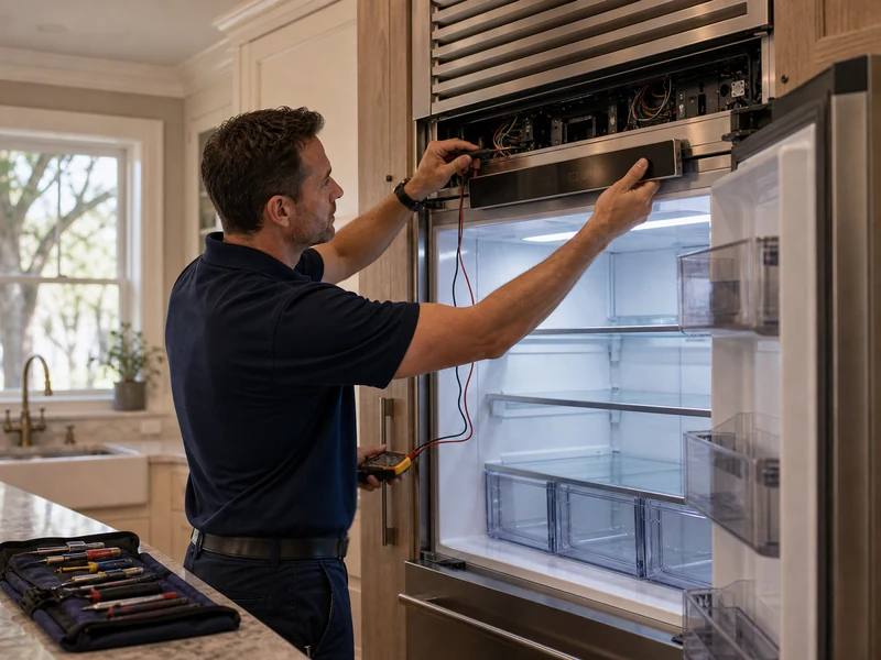 Technician reading the control panel and incoming power on a warm Sub-Zero built-in in a Julington Creek kitchen
